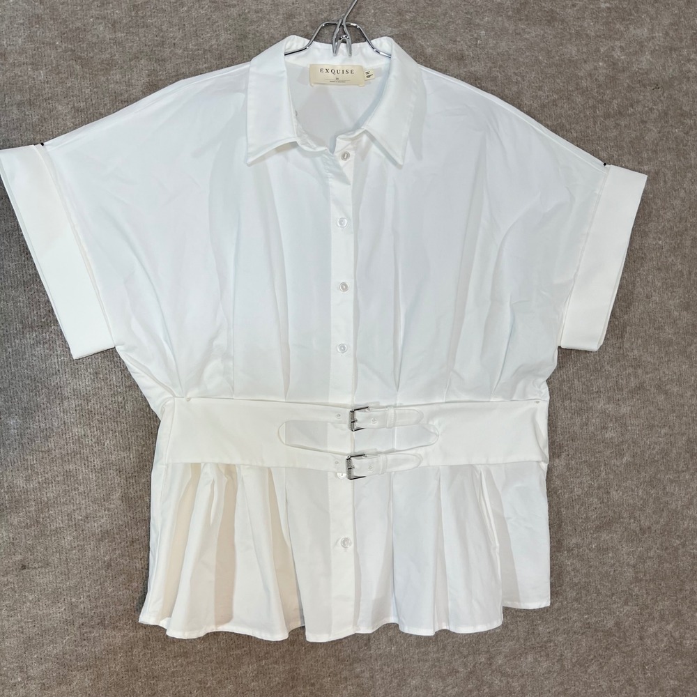 Exquise White Buckle Belted Peplum Blouse Women 2X Short Sleeve Anthropologie